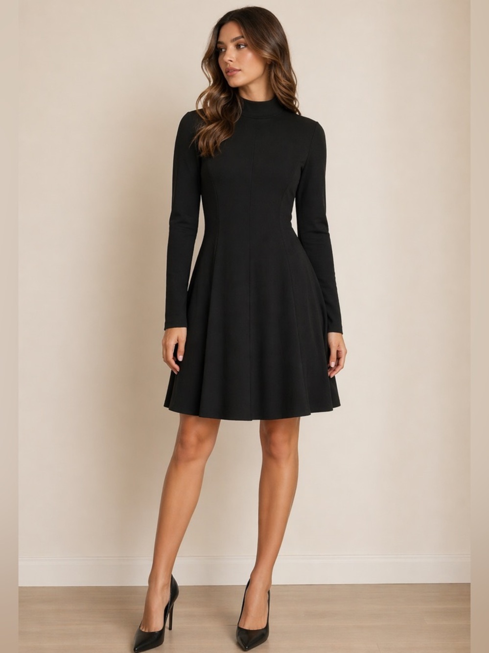 H&M Black Long-Sleeve Turtleneck Fit-and-Flare Dress